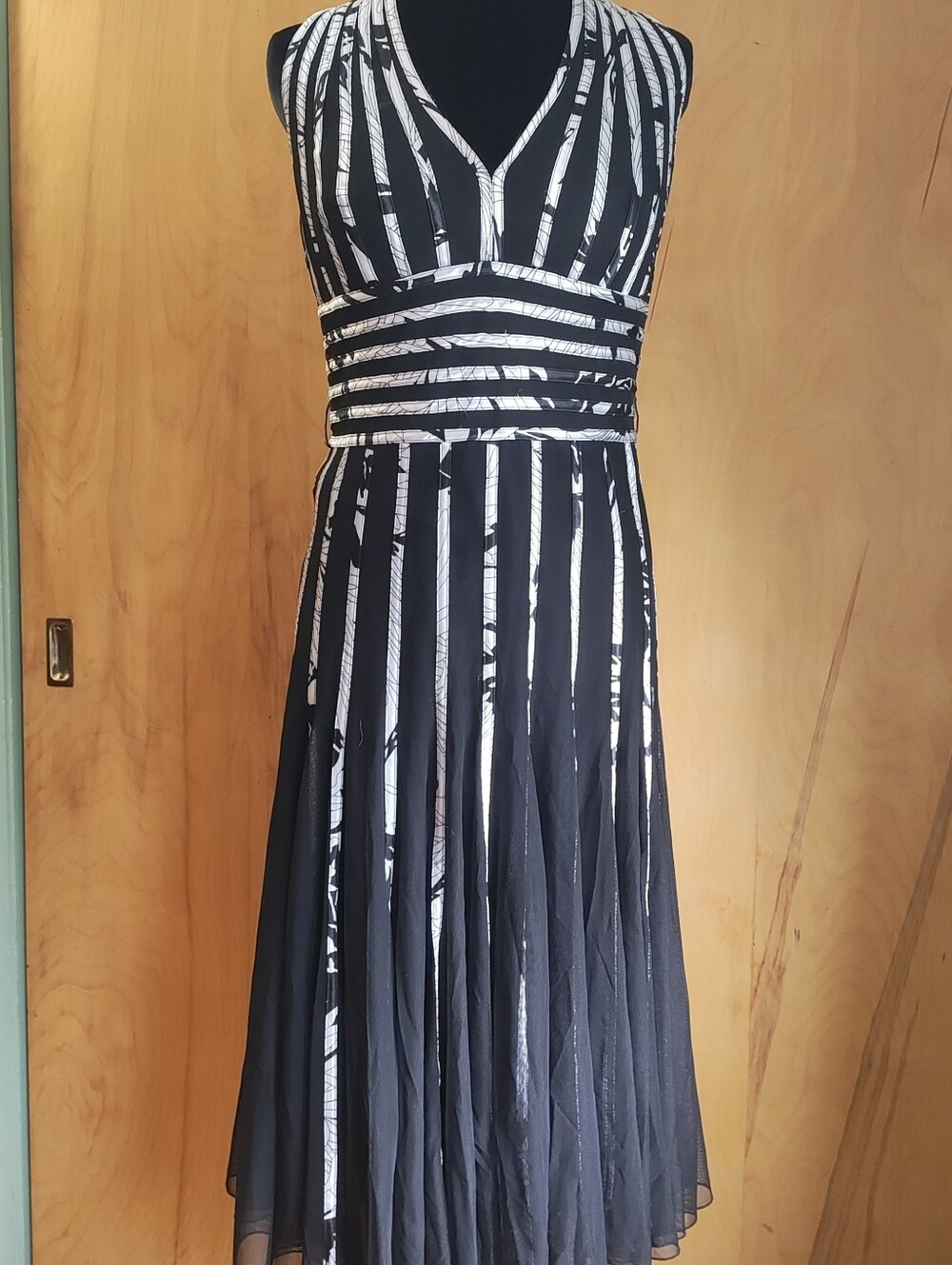 JS Collections Black and White Striped V-Neck Midi Dress